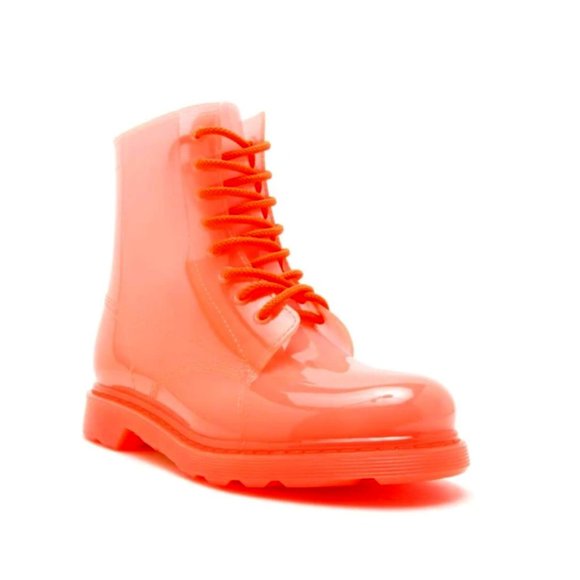 Neon Coral Lace Up Combat Style Rain Boots - Picture 4 of 7